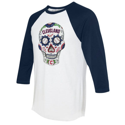 Cleveland Guardians Tiny Turnip Unisex Sugar Skull 3/4-Sleeve Raglan T-Shirt - White/Navy