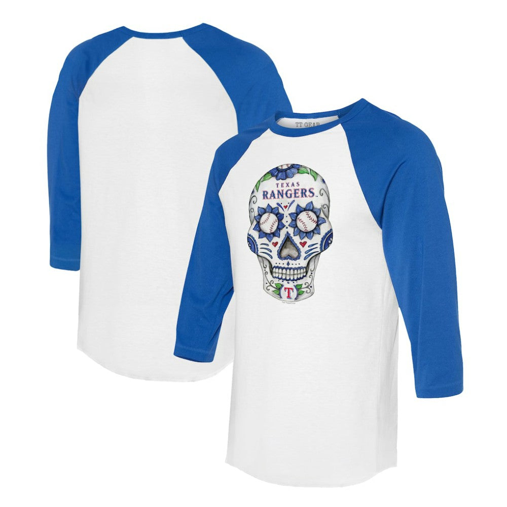 Texas Rangers Tiny Turnip Unisex Sugar Skull 3/4-Sleeve Raglan T-Shirt - White/Royal
