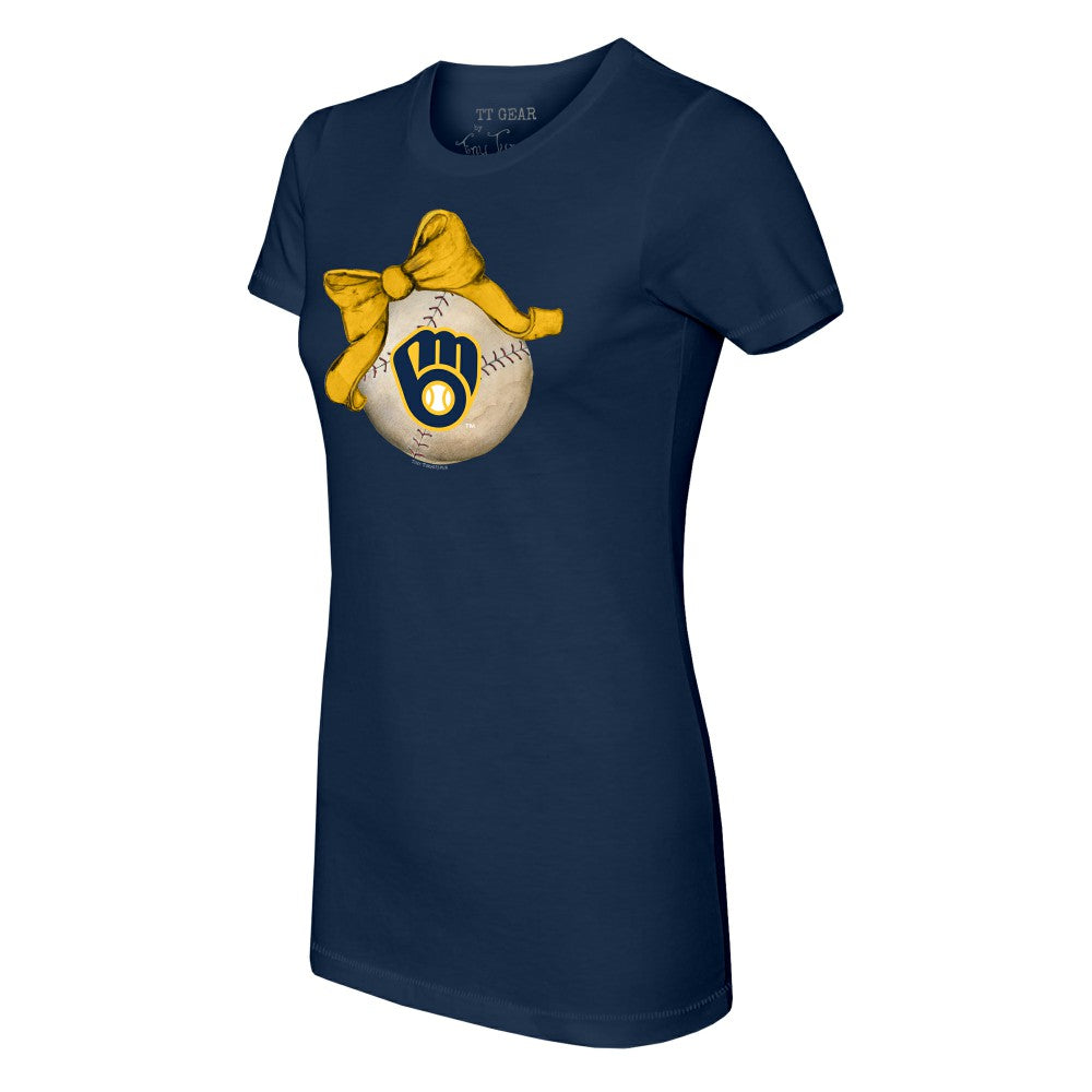 Milwaukee Brewers Tiny Turnip Women's Baseball Bow T-Shirt - Navy