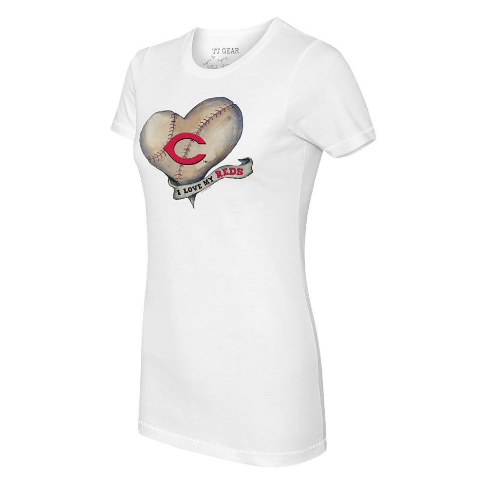 Cincinnati Reds Tiny Turnip Women's Heart Banner T-Shirt - White