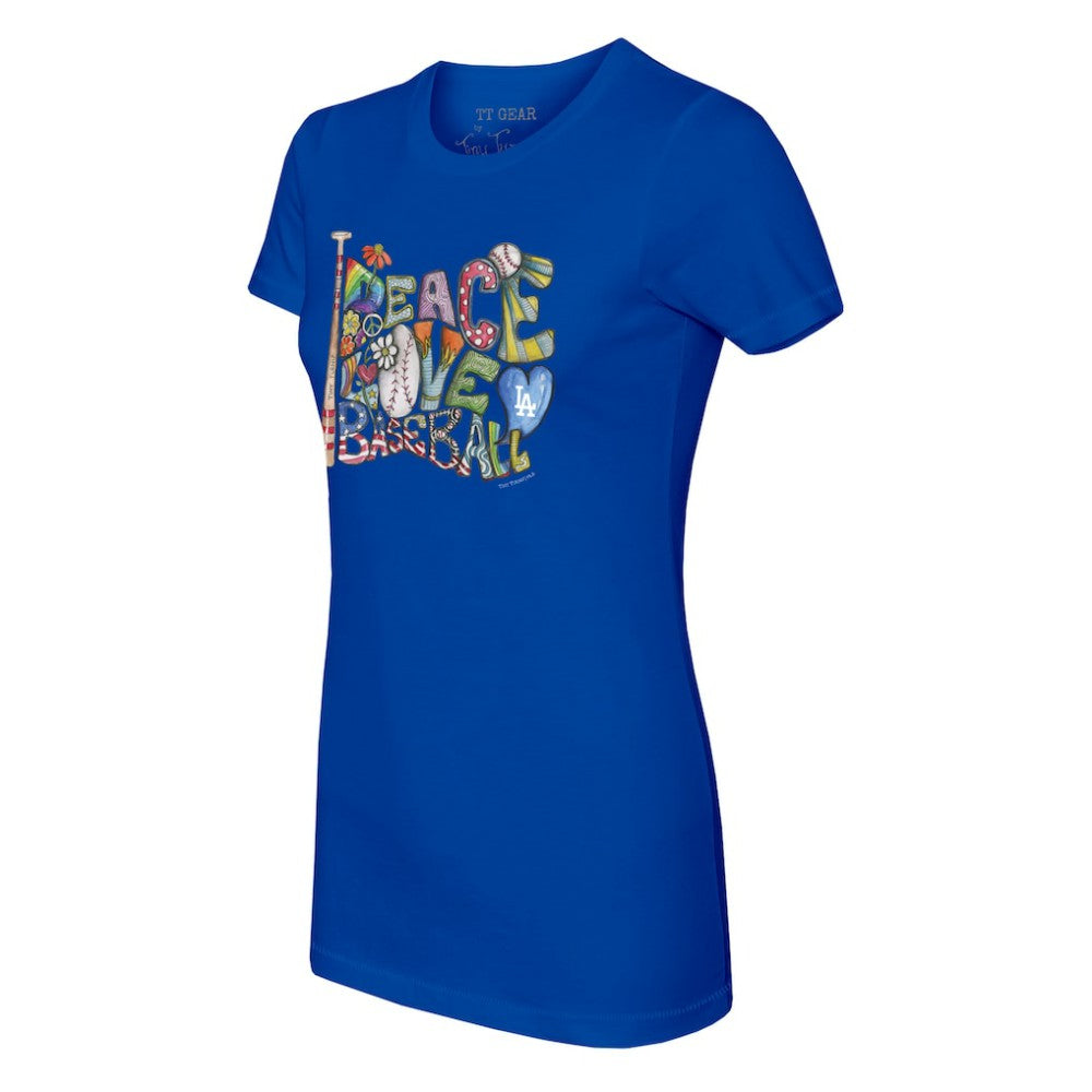 Los Angeles Dodgers Tiny Turnip Women's Peace Love Baseball Fitted T-Shirt - Royal