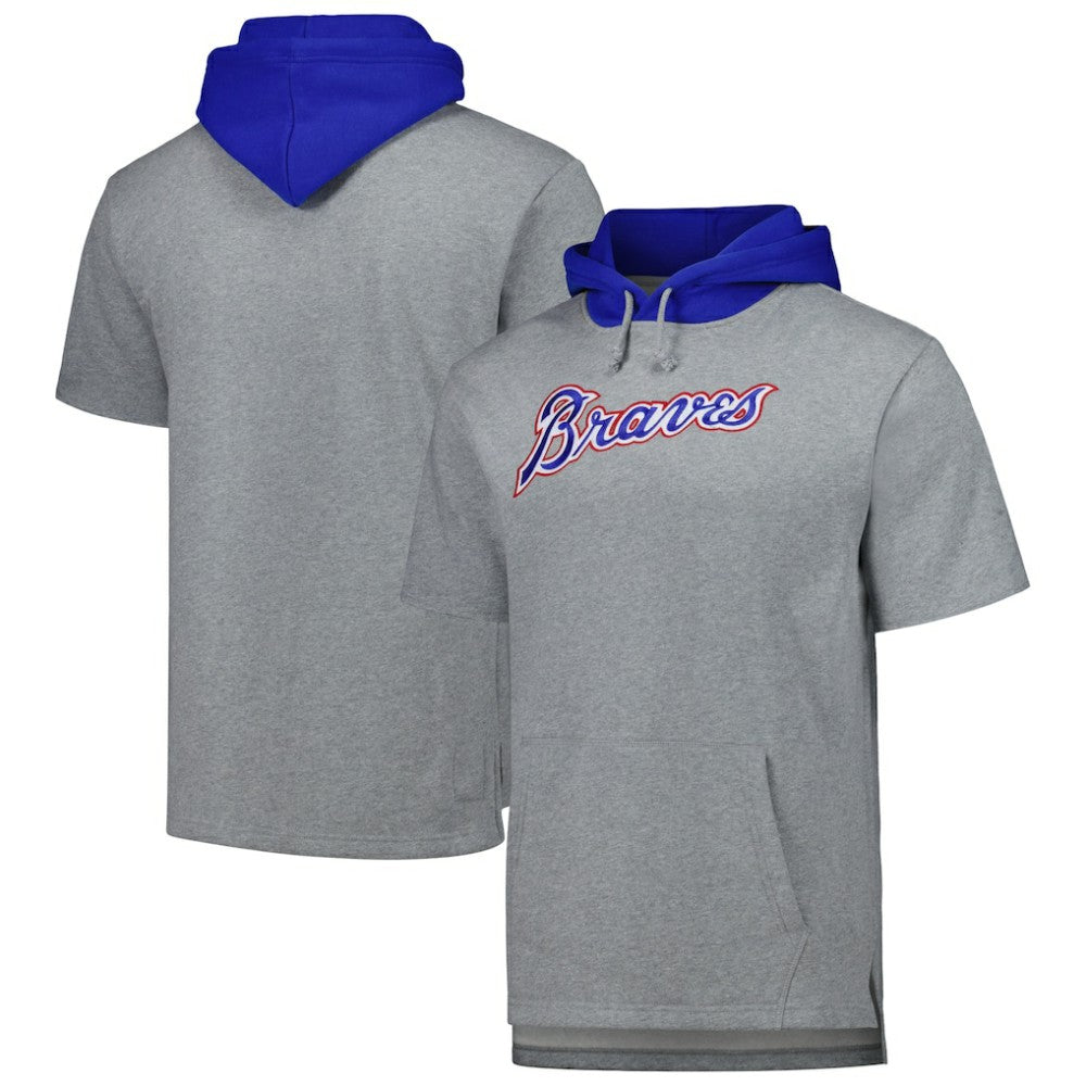 Atlanta Braves Postgame Short Sleeve Pullover Hoodie - Heather Gray | Mitchell & Ness