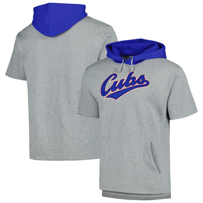Chicago Cubs Postgame Short Sleeve Pullover Hoodie - Heather Gray | Mitchell & Ness
