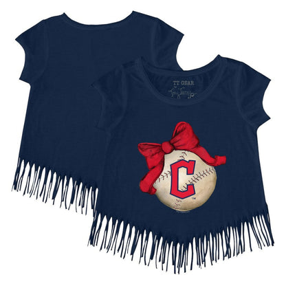 Cleveland Guardians Tiny Turnip Girls Youth Baseball Bow Fringe T-Shirt - Navy