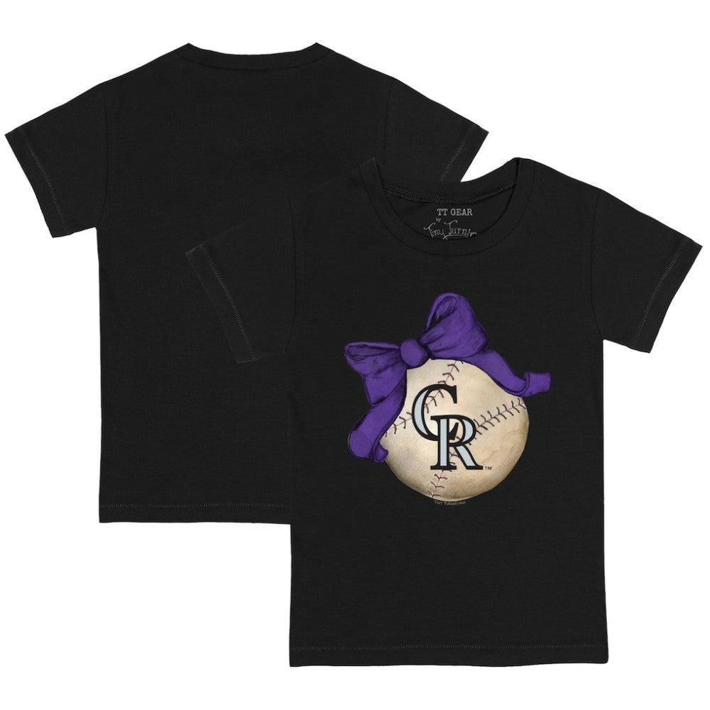 Colorado Rockies Tiny Turnip Youth Baseball Bow T-Shirt - Black