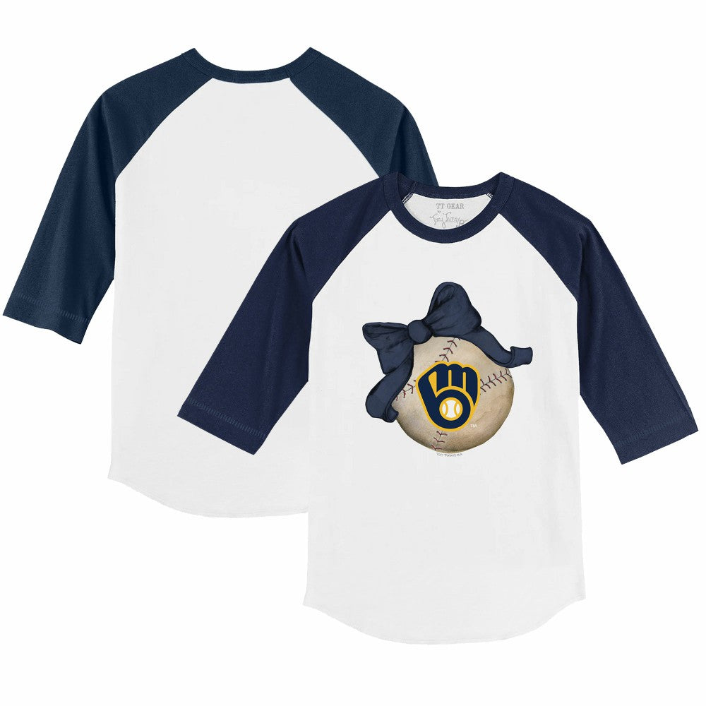 Milwaukee Brewers Tiny Turnip Youth Baseball Bow 3/4-Sleeve Raglan T-Shirt - White/Navy