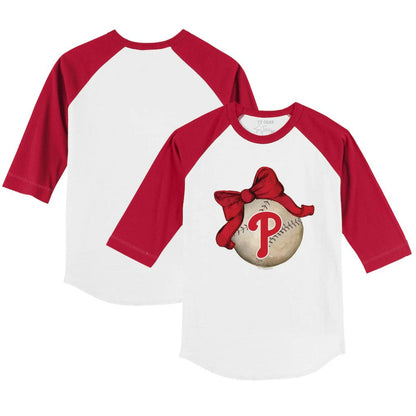 Philadelphia Phillies Tiny Turnip Youth Baseball Bow 3/4-Sleeve Raglan T-Shirt - White/Red