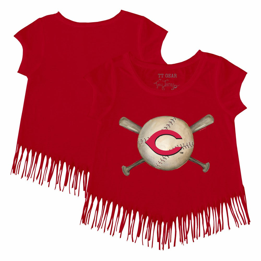 Cincinnati Reds Tiny Turnip Girls Youth Baseball Cross Bats Fringe T-Shirt - Red
