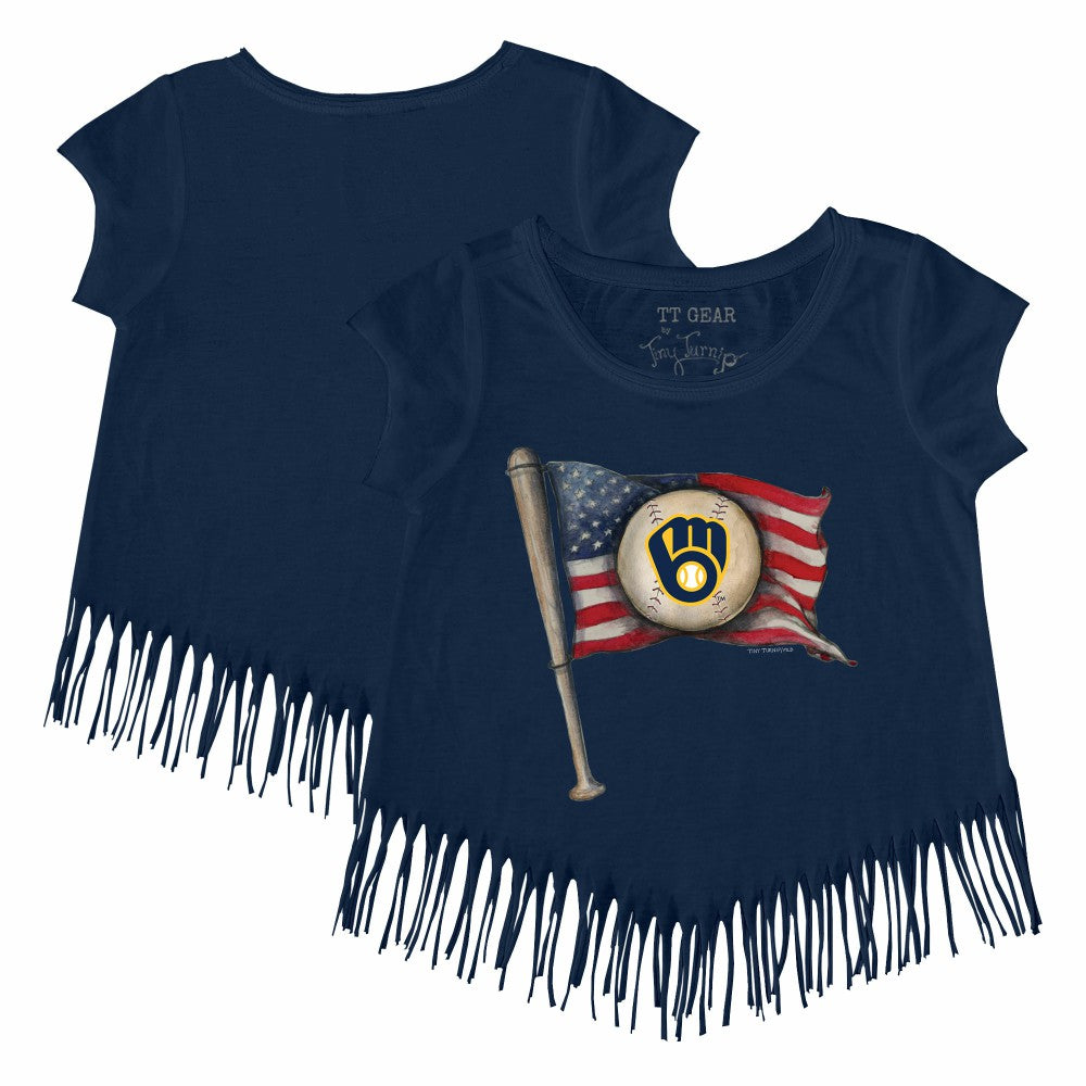 Milwaukee Brewers Tiny Turnip Girls Youth Baseball Flag Fringe T-Shirt - Navy