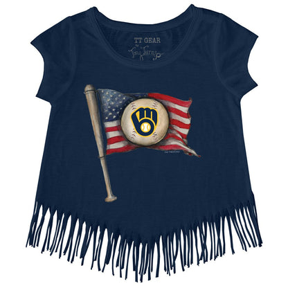 Milwaukee Brewers Tiny Turnip Girls Youth Baseball Flag Fringe T-Shirt - Navy