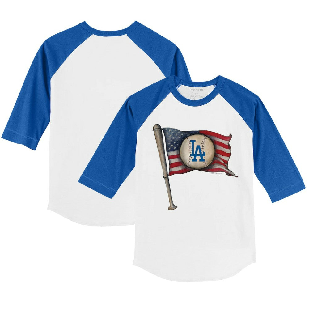 Los Angeles Dodgers Tiny Turnip Youth Baseball Flag 3/4-Sleeve Raglan T-Shirt - White/Royal