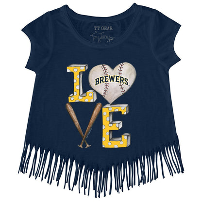 Milwaukee Brewers Tiny Turnip Girls Youth Baseball Love Fringe T-Shirt - Navy
