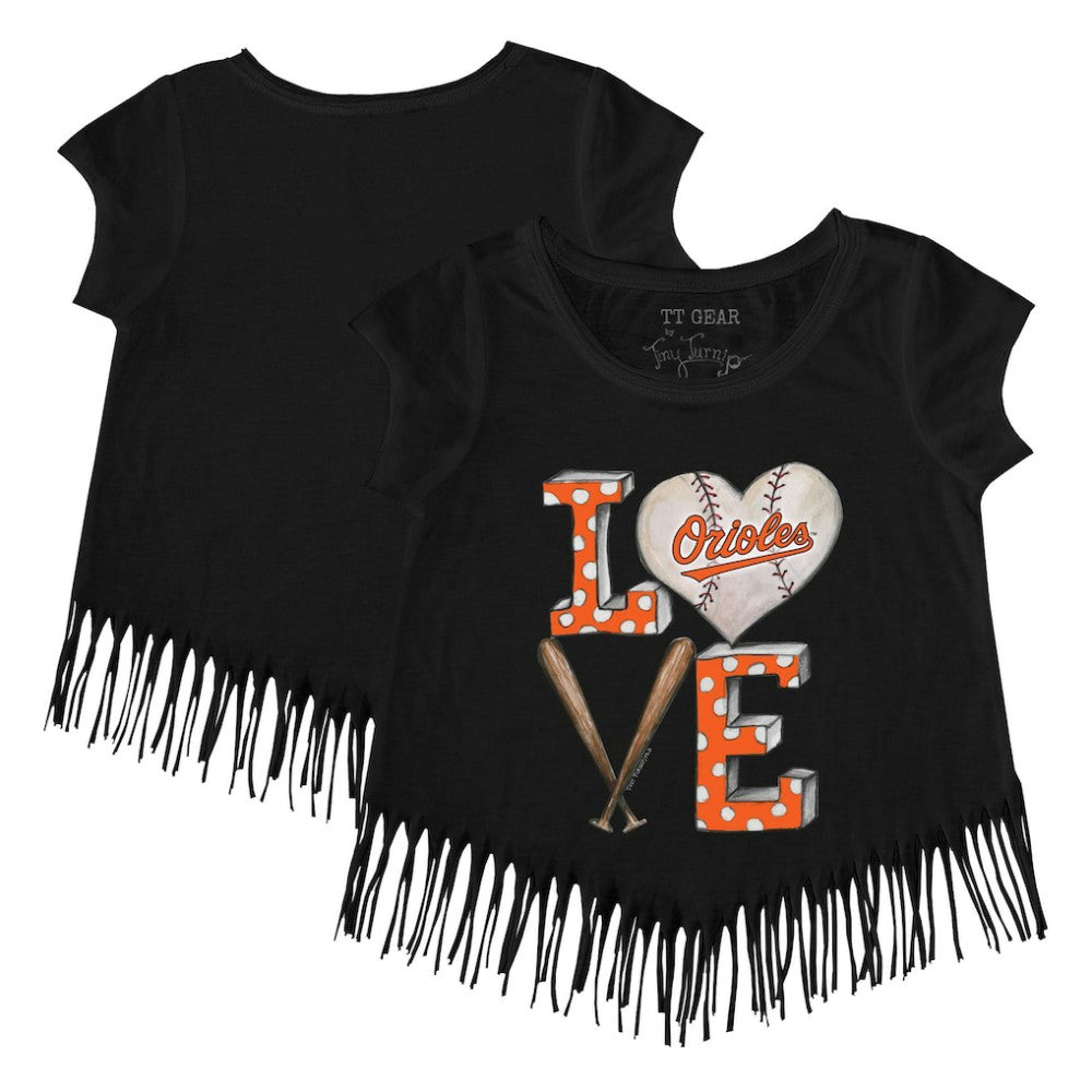 Baltimore Orioles Tiny Turnip Girls Youth Baseball Love Fringe T-Shirt - Black