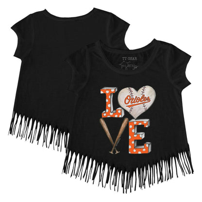 Baltimore Orioles Tiny Turnip Girls Youth Baseball Love Fringe T-Shirt - Black