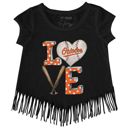Baltimore Orioles Tiny Turnip Girls Youth Baseball Love Fringe T-Shirt - Black