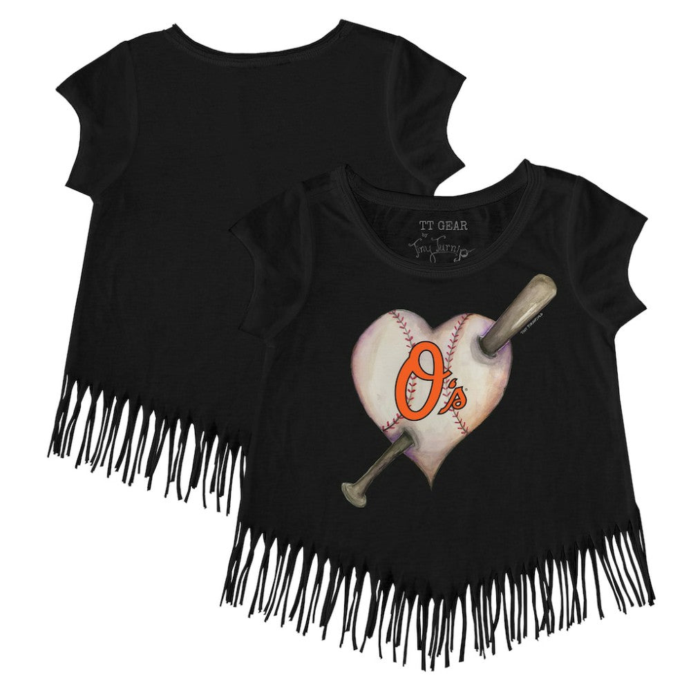 Baltimore Orioles Tiny Turnip Girls Youth Heart Bat Fringe T-Shirt - Black