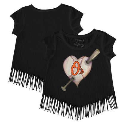 Baltimore Orioles Tiny Turnip Girls Youth Heart Bat Fringe T-Shirt - Black