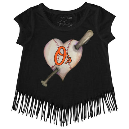 Baltimore Orioles Tiny Turnip Girls Youth Heart Bat Fringe T-Shirt - Black