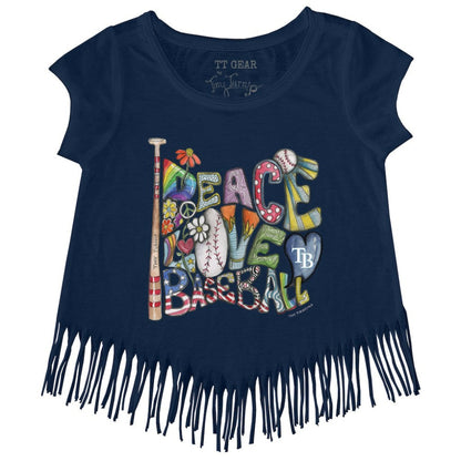Tampa Bay Rays Tiny Turnip Girls Youth Peace Love Baseball Fringe T-Shirt - Navy