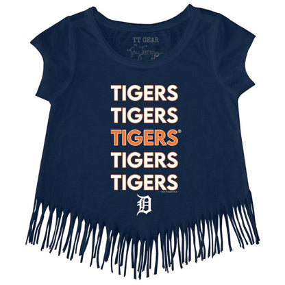 Detroit Tigers Tiny Turnip Girls Youth Stacked Fringe T-Shirt - Navy