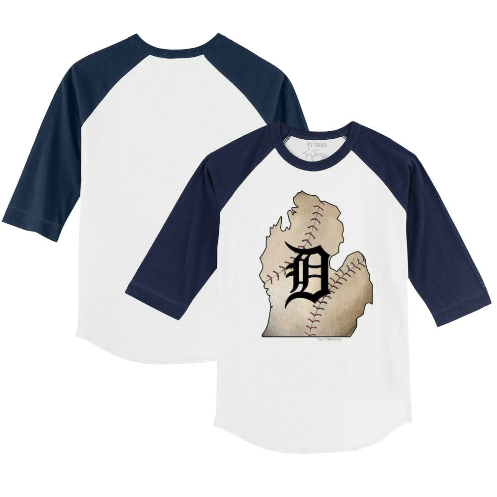 Detroit Tigers Tiny Turnip Youth State Outline 3/4-Sleeve Raglan T-Shirt - White/Navy