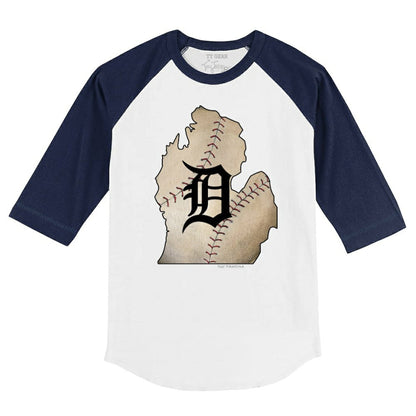 Detroit Tigers Tiny Turnip Youth State Outline 3/4-Sleeve Raglan T-Shirt - White/Navy