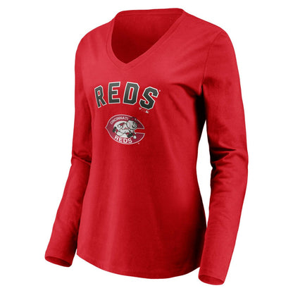 Cincinnati Reds Women's Cooperstown Collection Personalized Winning Streak Long Sleeve V-Neck T-Shirt - Red